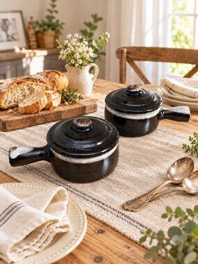Brown Drip Glaze French Onion Soup Bowls Set of 2 Stoneware with Lids & Handles